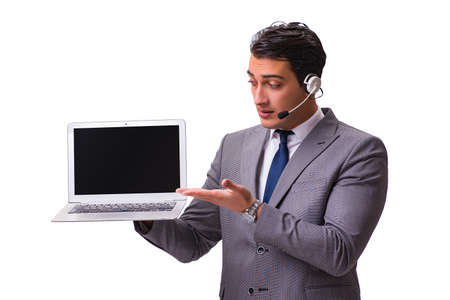 Handsome man with headset isolated on whiteの写真素材