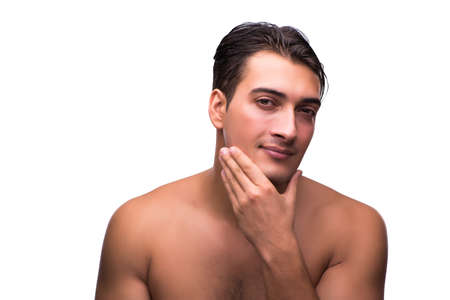 Funny man after shower isolated on whiteの写真素材