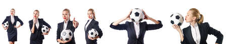 Businesswoman with football on whiteの写真素材