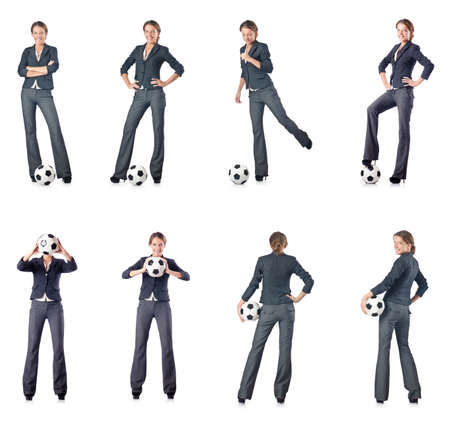 Businesswoman with football on whiteの写真素材