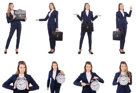 Businesswoman with clock isolated on whiteの写真素材