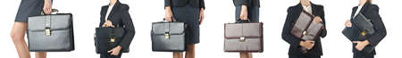 Close up of briefcase and businesswomanの写真素材