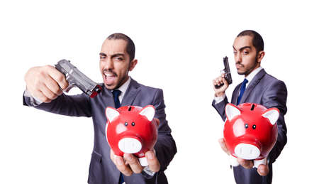 Businessman with piggybank on whiteの写真素材