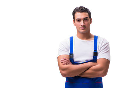 Handsome repairman wearing blue coveralls on whiteの写真素材