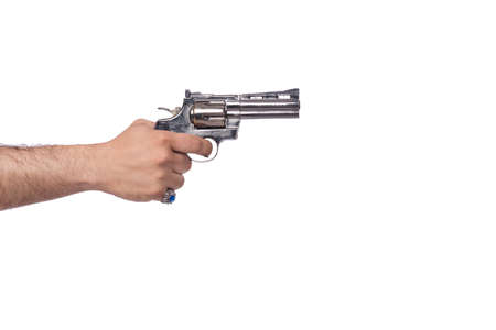 Hand with handgun isolated on whiteの写真素材
