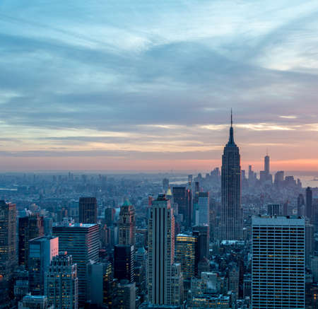View of New York Manhattan during sunset hoursの写真素材