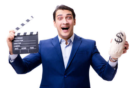 Handsome man with movie clapper isolated on whiteの写真素材