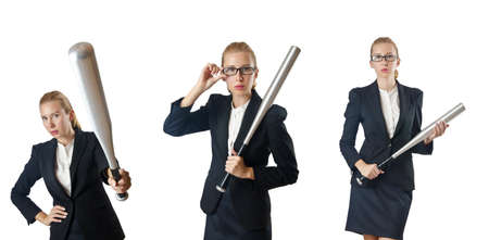 Businesswoman with baseball bat on whiteの写真素材
