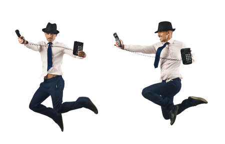 Jumping businessman isolated on whiteの写真素材
