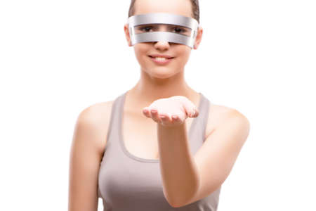 Techno girl holding gands isolated on whiteの写真素材