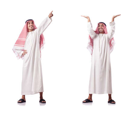 Arab man pushing virtual obstacle on whiteの写真素材