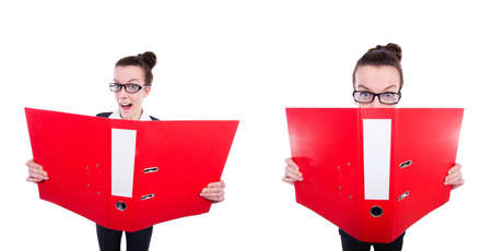 Funny businesswoman with red folder on white