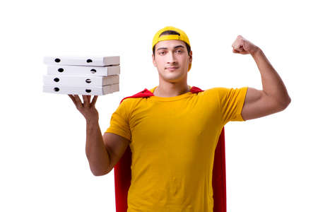 Super hero pizza delivery guy isolated on whiteの写真素材