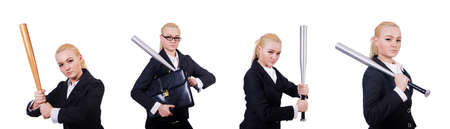 Businesswoman with baseball bat on whiteの写真素材
