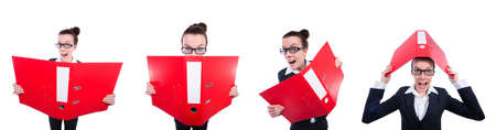Funny businesswoman with red folder on whiteの写真素材