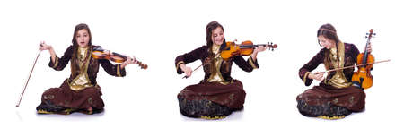 Woman playing violin on whiteの写真素材