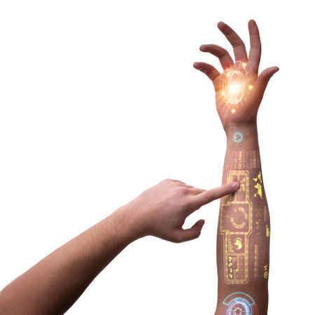 Human robotic hand in futuristic concept