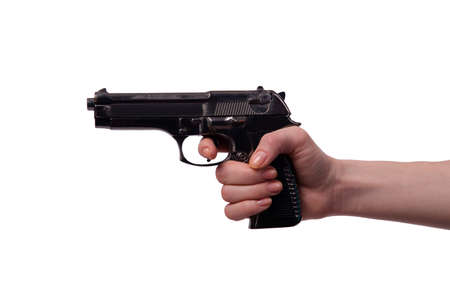 Hand with handgun isolated on whiteの写真素材