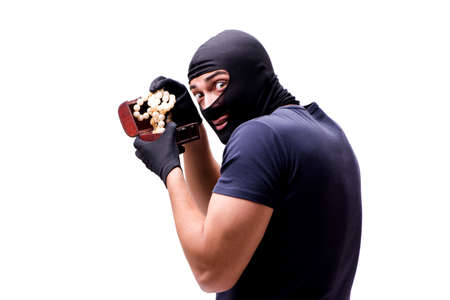Robber wearing balaclava isolated on whiteの写真素材