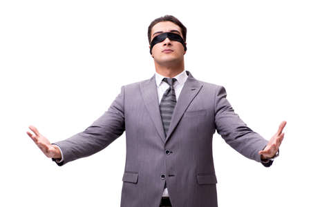 Blindfolded businessman isolated on whiteの写真素材