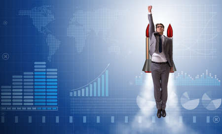 Businessman flying with rocket in funny business concept