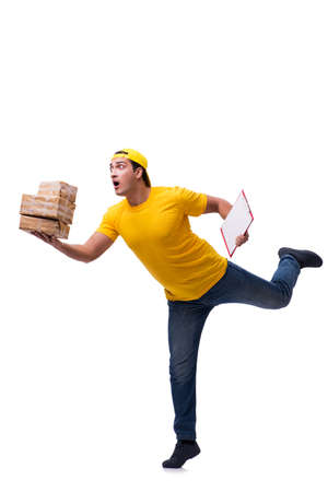 Man delivering christmas present isolated on whiteの写真素材