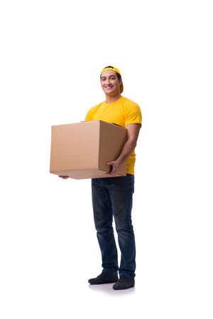 Funny delivery boy with box isolated on whiteの写真素材