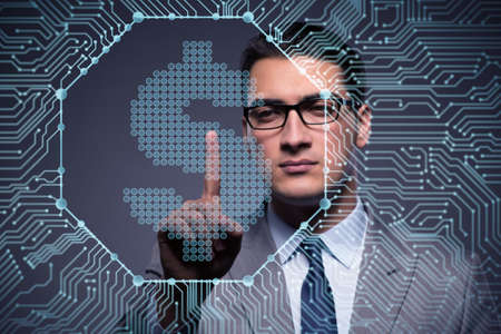 Businessman pressing virtual button with dollarの写真素材