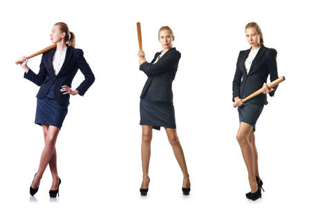 Businesswoman with baseball bat on whiteの写真素材