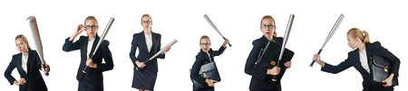 Businesswoman with baseball bat on white