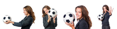 Businesswoman with football on whiteの写真素材