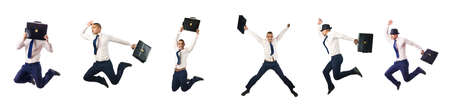 Jumping businessman isolated on whiteの写真素材