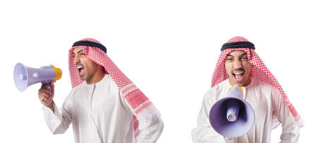 Arab businessman with bullhorn isolated on whiteの写真素材