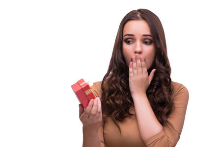 Woman receiving marriage proposal isolated on whiteの写真素材