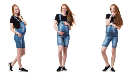 Pregnant woman in composite image isolated on whiteの写真素材