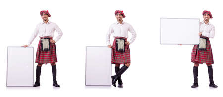 Scotsman with blank board on whiteの写真素材