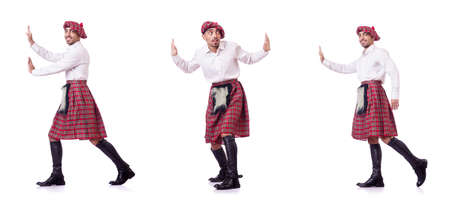 Scottish man pushing virtual obstacleの写真素材