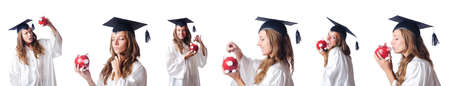 Student and piggy bank on white