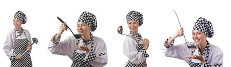 Woman chef in collages on whiteの写真素材