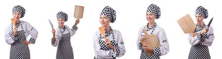 Woman chef in collages on whiteの写真素材