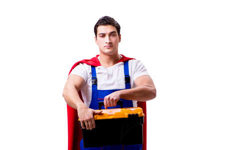 Superhero repairman isolated on white backgroundの写真素材