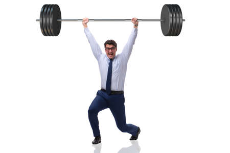 Businessman with barbell in heavy lifting conceptの写真素材