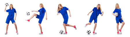Woman playing football on whiteの写真素材