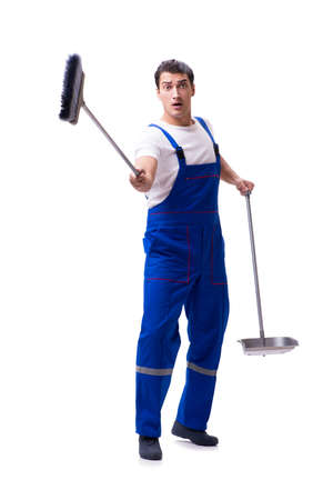 Man cleaning floor isolated on whiteの写真素材