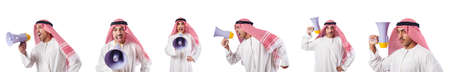 Arab businessman with bullhorn isolated on whiteの写真素材