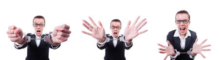 Female businesswoman with handcuffs on white