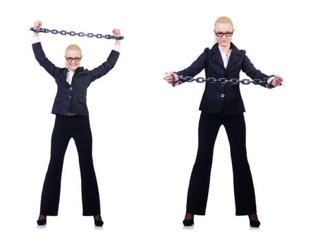 Businesswoman with chain isolated on the whiteの写真素材