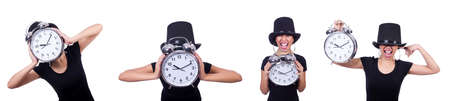 Young woman with clock isolated on white
