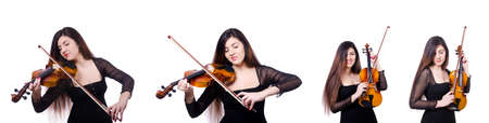 Woman performer playing violin on whiteの写真素材