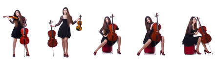 Young performer with violin on whiteの写真素材